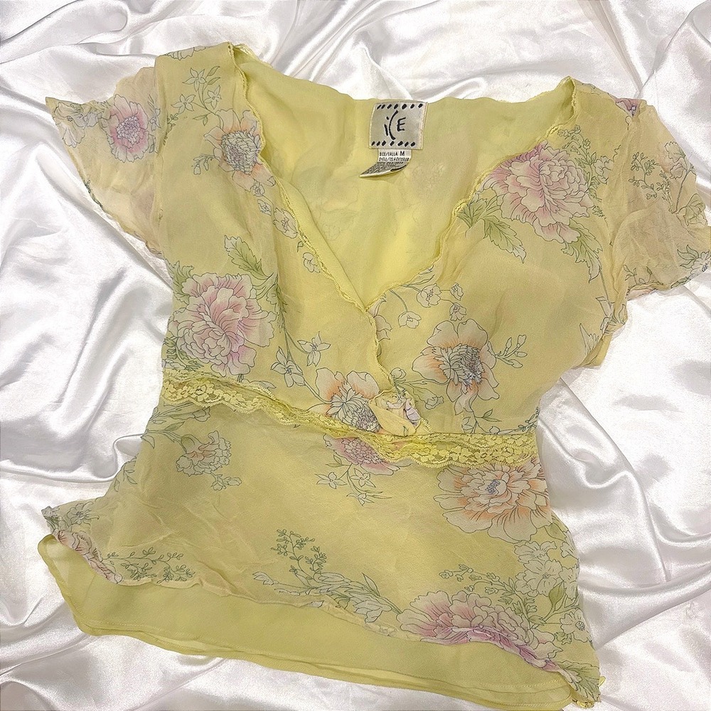 ICE Vintage 100% Silk Floral Wrap Top Yellow Pink Lace Trim Y2K Blouse Medium